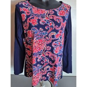 Lilly Pulitzer Womens Pima Cotton Long Sleeve Shirt Top L Pink Navy Paisley